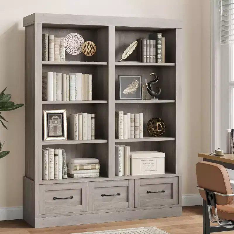 64 H Bookshelves and Bookcases, Bookshelf with 3 Storage Drawers4 Tier Double Wide Open Shelffor Office Living Room