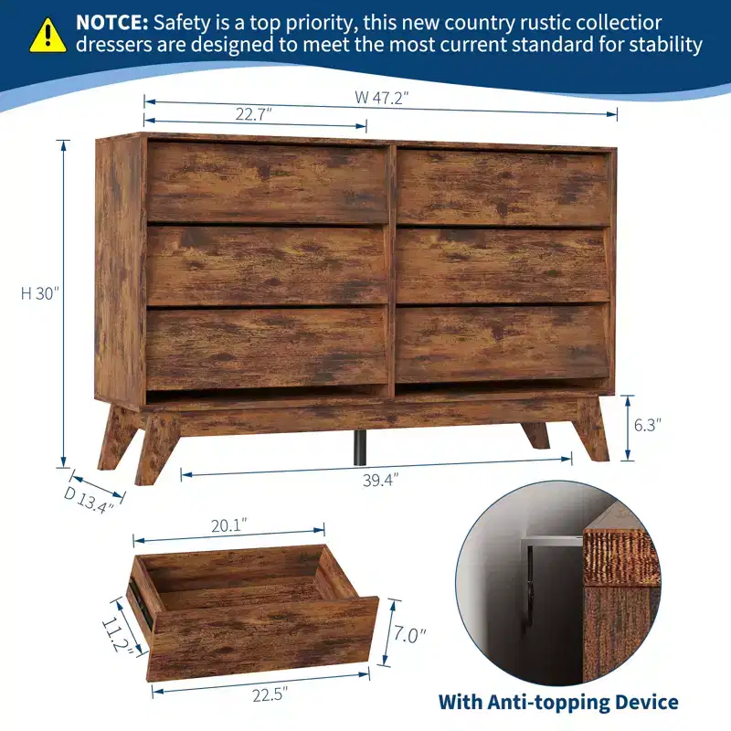 Vintage Chest of Drawers, 6 Drawer Dresser with Bevel Design, TV Stand for Bedroom, Living Room, Entryway and Closet
