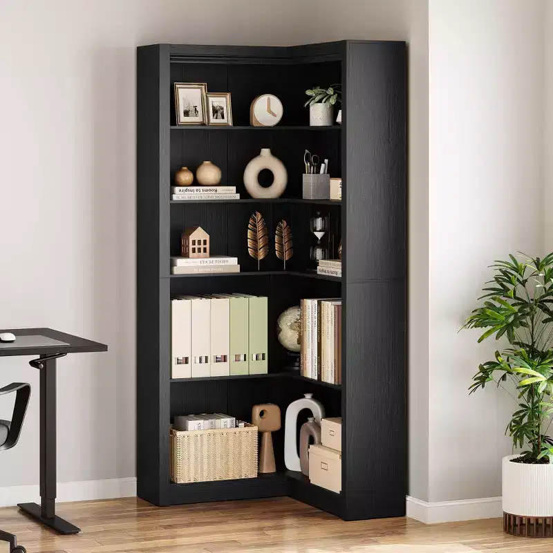 Black/White 5-Tier L-Shaped Corner Bookcase, 71.8