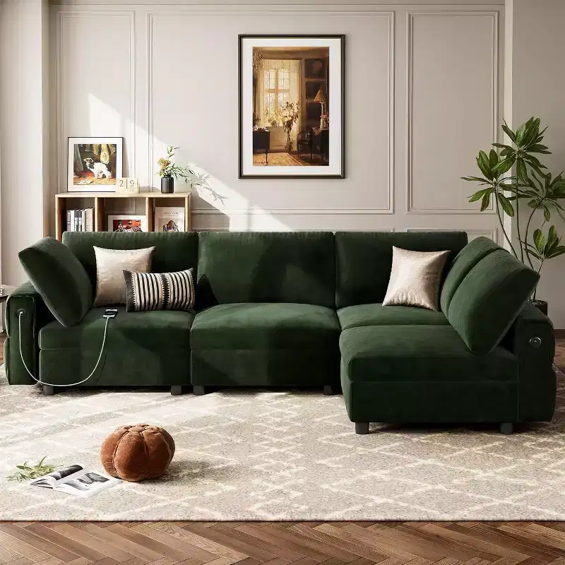 Acekool L-Shaped Velvet Sectional, Green | 4-Seater w/ USB Charging & 6 Pillows | Convertible Cloud Couch for Living Spaces