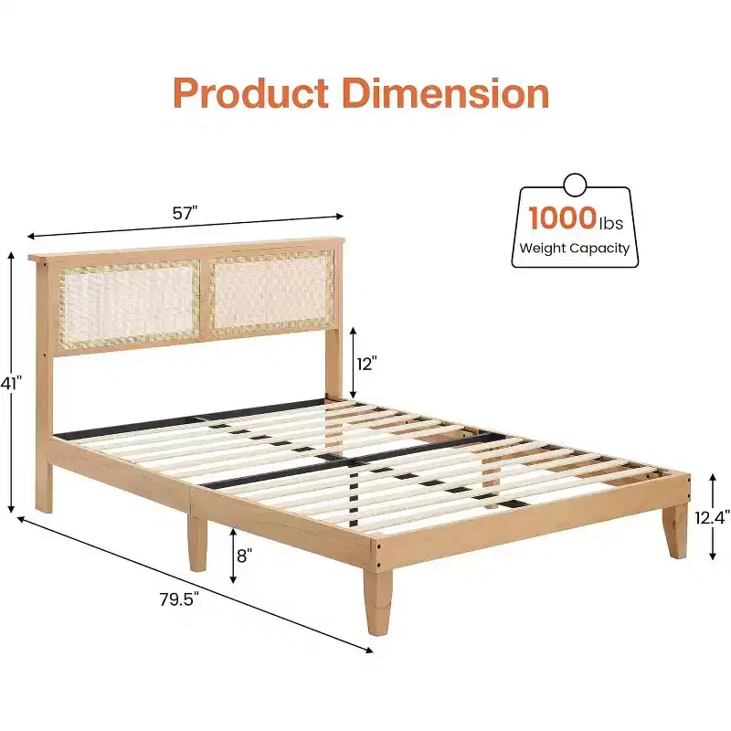 12.4 Inch Deluxe Solid Wood Full Bed Frame with Natural Rattan Headboard, LED Lights, Noise-free, Mattress Foundation, No Box Spring Needed