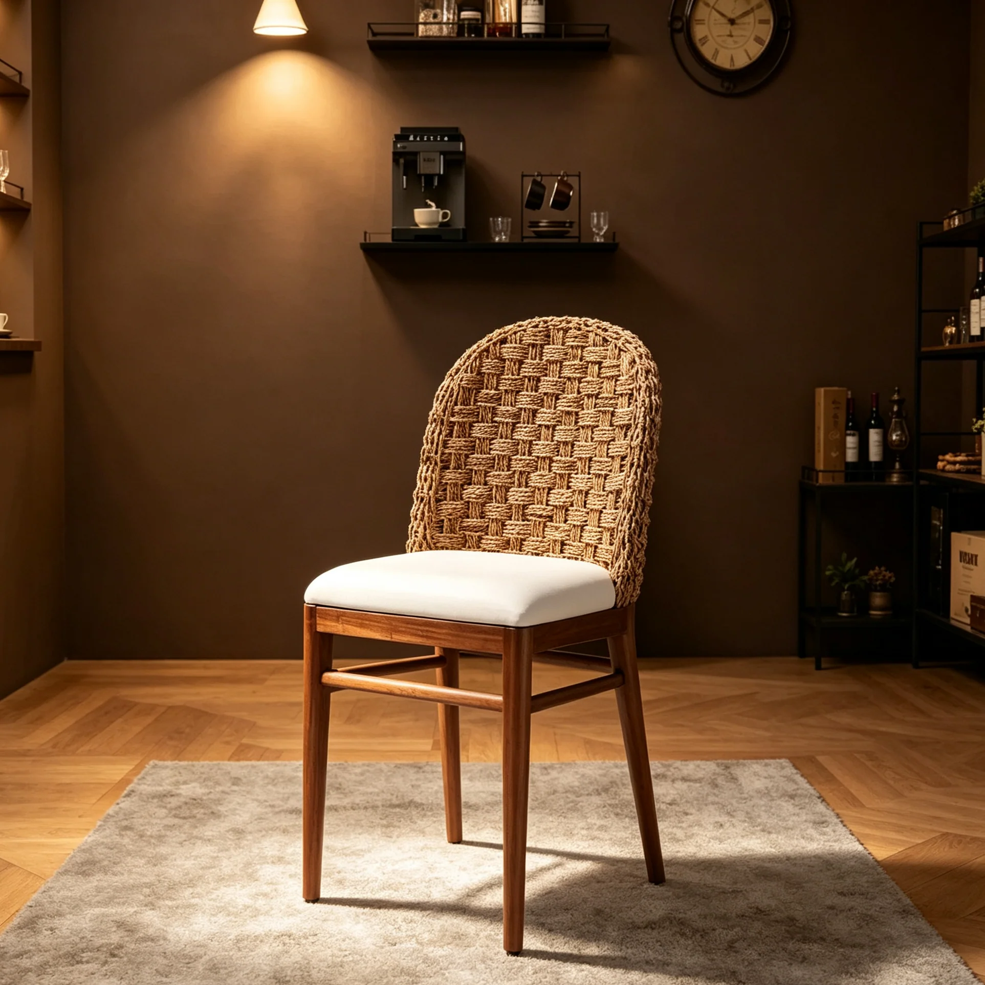 Denver Acacia Wood and Seagrass Dining Chair White/Walnut Brown: Bohemian Style, Foam Padded
