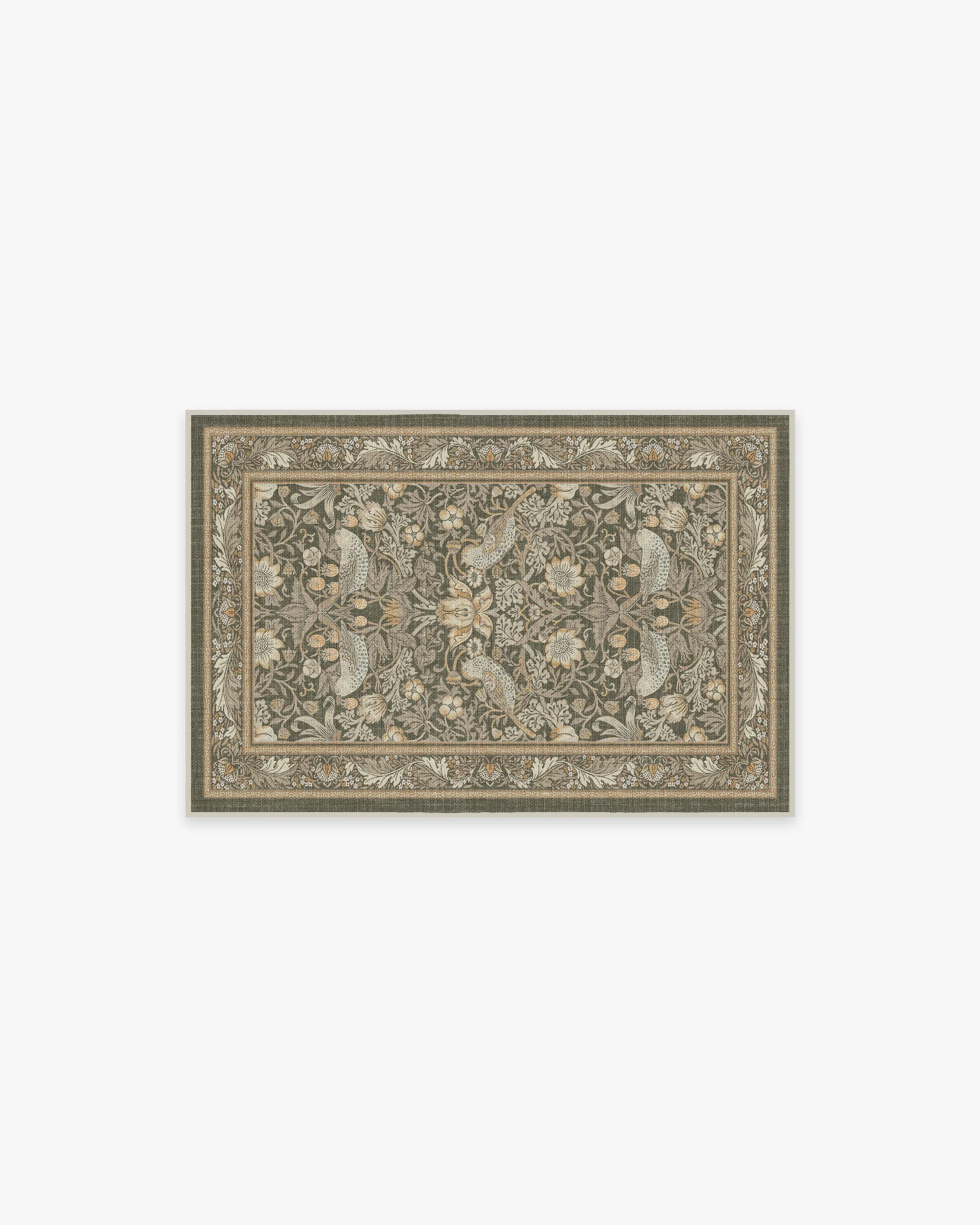 British Garden Flatwoven Rug with Washable Stone Gold Botanical Vine Pattern for Living Room & Study