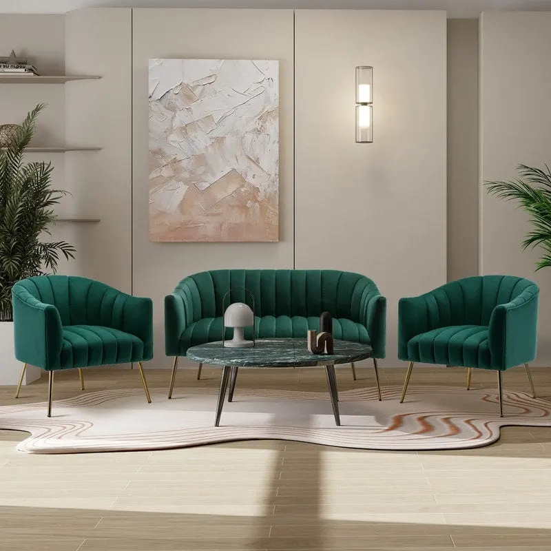 SEYNAR Modern Velvet Upholstered 3 Piece Living Room Set with Golden Legs
