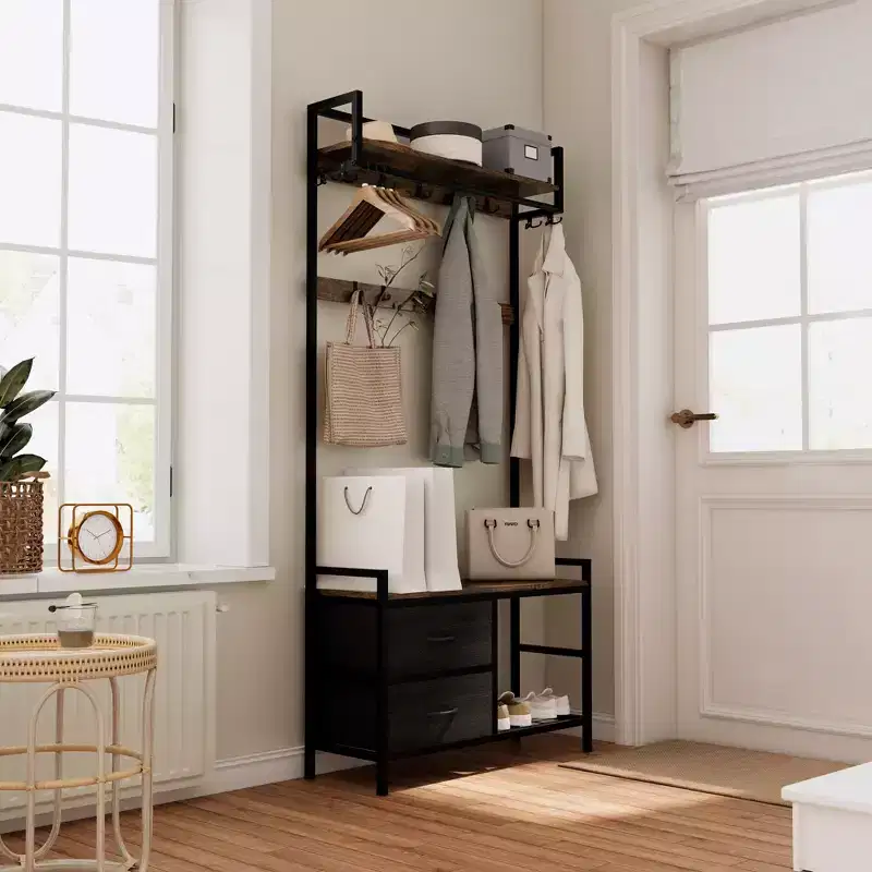 MAYEERTY Hall Tree with 2 Movable Drawers Shoe Storage Shelves and Garment Racks 5 in 1 Entryway Bench with 23 Hooks