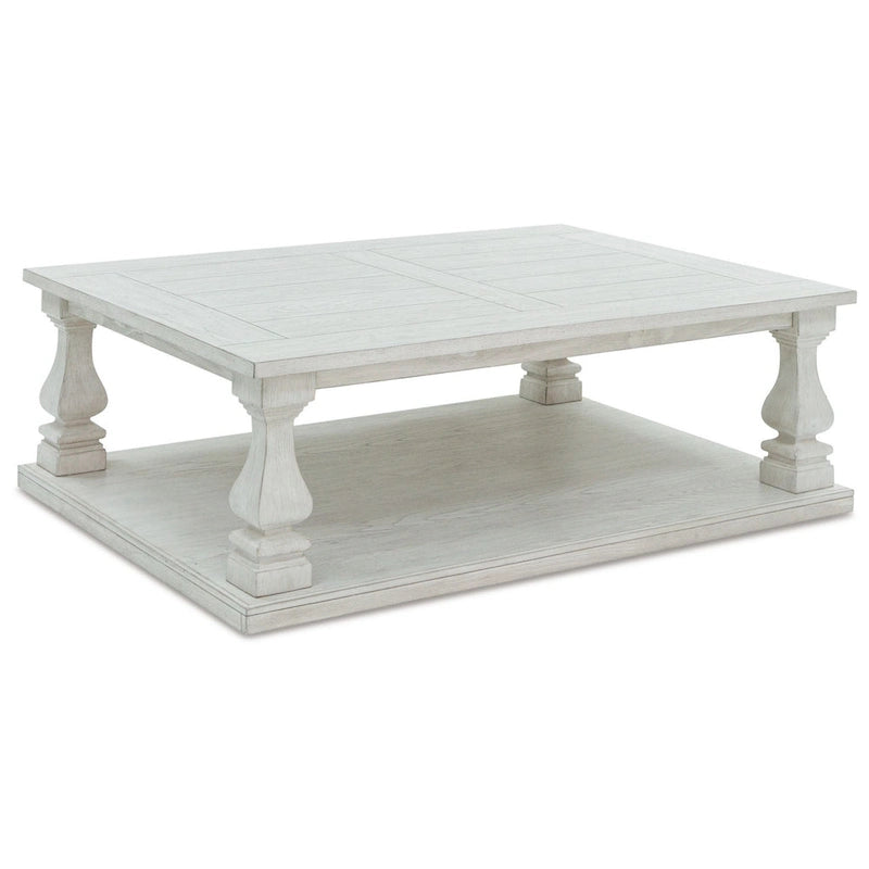 Cocktail Coffee Table, Plank Top, Balusters, 54 Inch White Wood