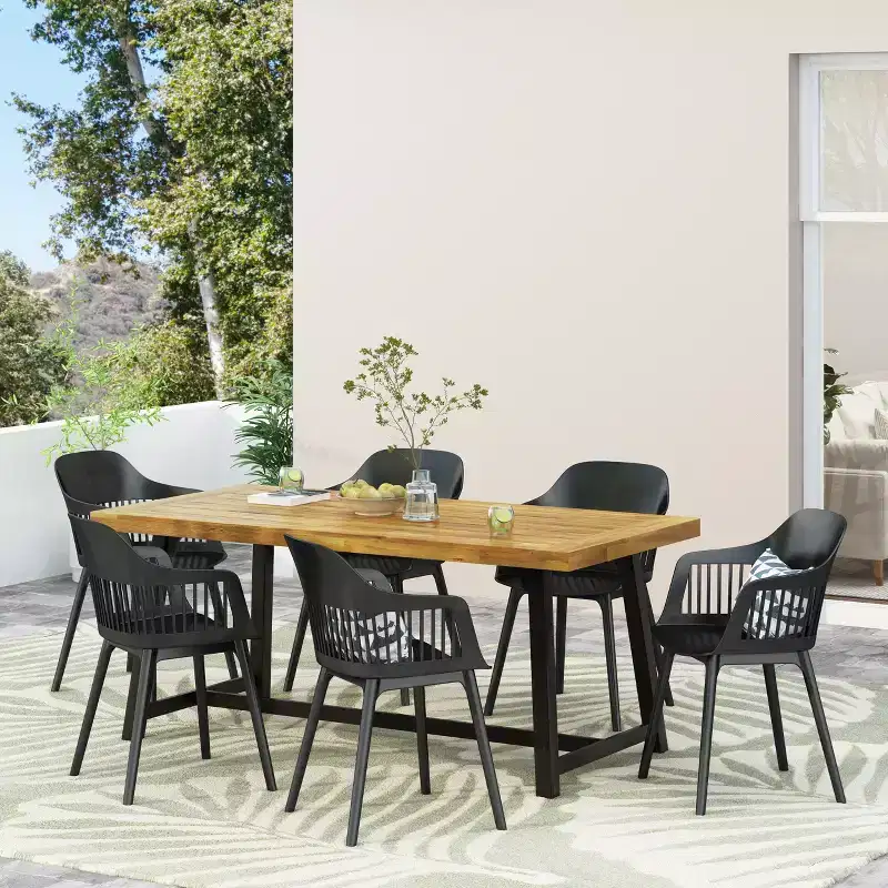 Christopher Knight Home Dahlia Outdoor 7 Piece Acacia Wood and Resin Dining Set with 70.75 Dining Table, Black/Sandblasted Teak