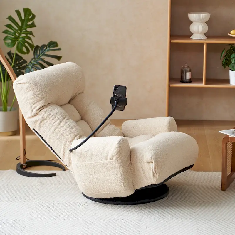 Upholstered 360 Swivel Manual Leisure Recliner with Mobile Phone Holder, Adjustable Headrest and Backrest