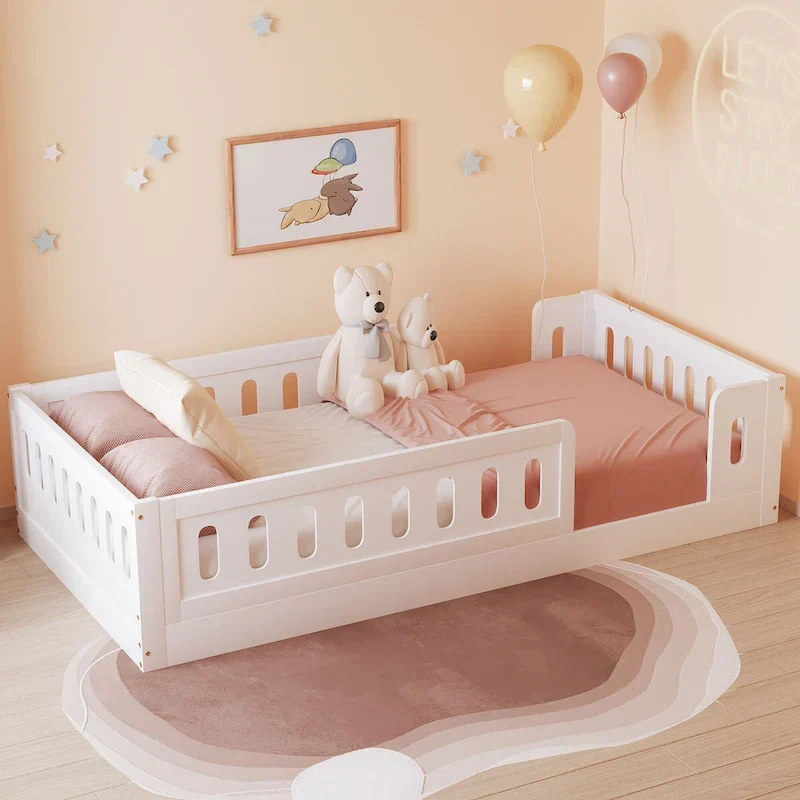 White Modern Design Twin Size Wooden Platform Bed with Guardrail for Bedroom
