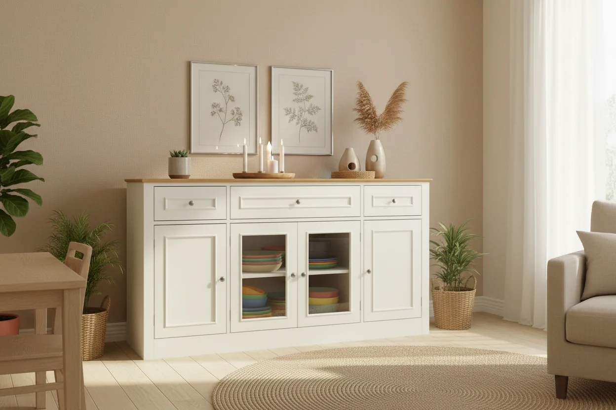 Dining Buffet Sideboard with 3 Drawers and 4 Glass Doors, Kitchen and Dining Room Pantry Cabinet