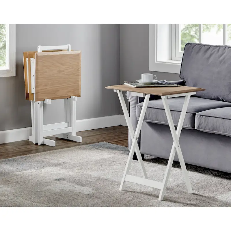 Folding Snack Tray Table Set of 4 with Stand – Grey Wash & Natural