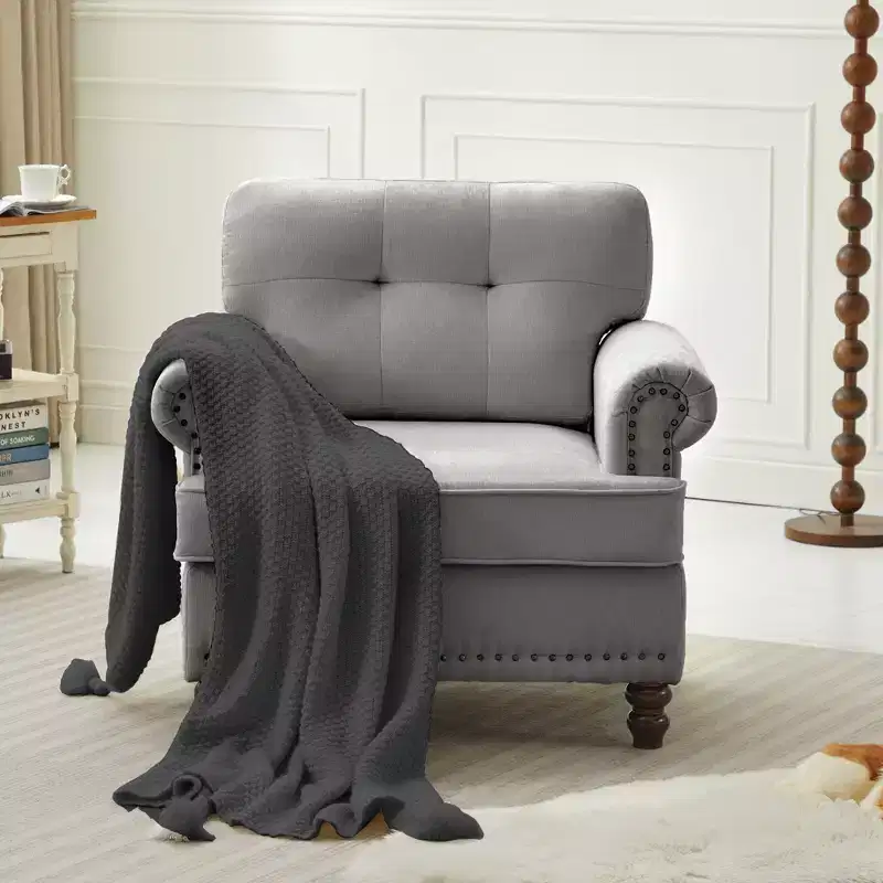 Chenille Upholstered Pull Point Accent Chair, Sofa Armrest Chair for Living Room, Bedroom, Office