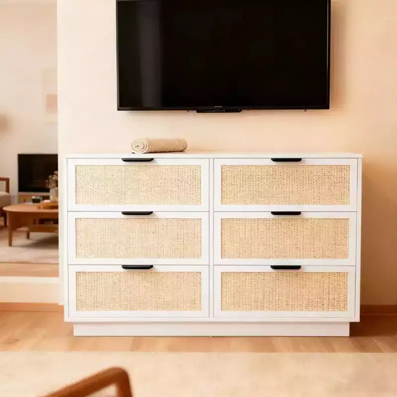 Rattan 6 Drawer Dresser, 47in Wide White 6 Chest of Drawers with Metal Handles and Wooden Sturdy Base for Bedroom Living Room Office