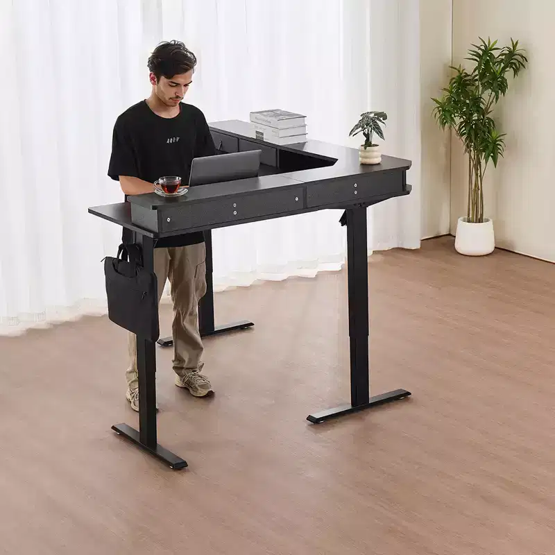 L Shaped Desk, Electric Adjustable Height Corner Gaming Desk with CPU Stands, Dual Hooks and Fabric Drawers, L-Shaped Computer Table, Black