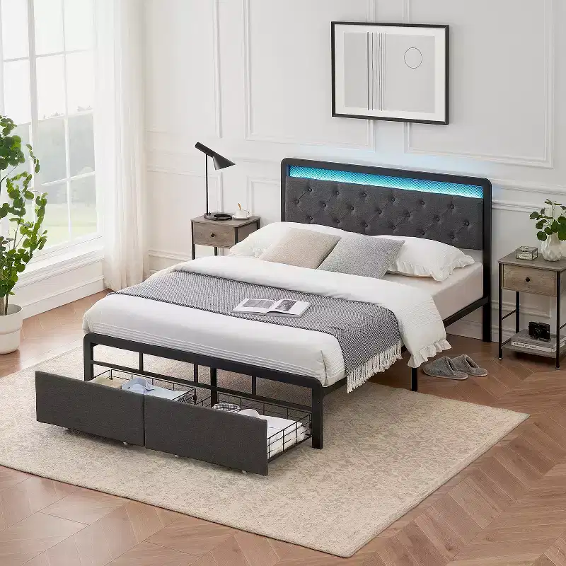 Bed Frame, Platform Upholstered Bed Frame, with 2 Storage Drawers and Button Tufted Headboard, Heavy Metal Slat Support, Noise Free