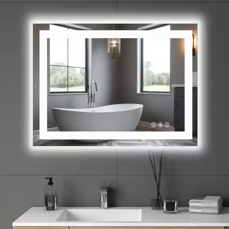 28x36 Inch Smart Bathroom Mirror, Aluminum Frame Vanity Mirror with Defogger, White