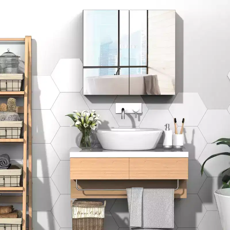 Bathroom Mirrored Cabinet, 24x22 Steel Frame Medicine Cabinet, Wall-Mounted Storage Organizer with Double Doors