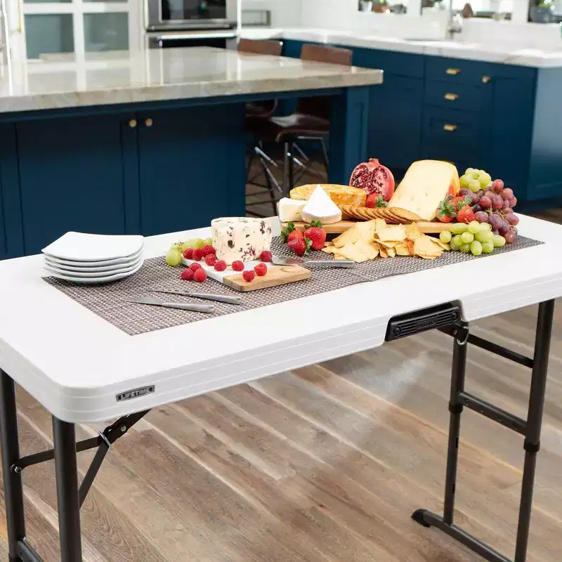 4-Foot Adjustable Height Commercial Grade Folding Table, HDPE Top, 3 Height Settings, White