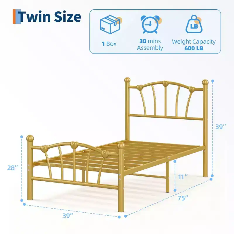 Heart-Shaped Metal Bed Frame with Headboard and Footboard, Platform Design with Strong Slat Support and Underbed Storage Space for Bedroom