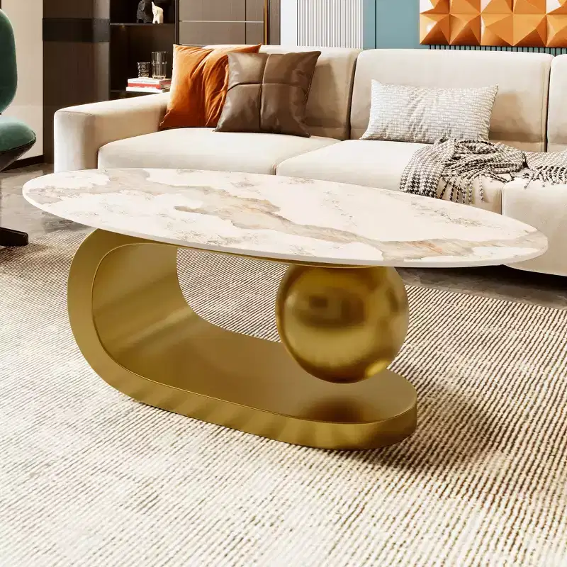 Modern Oval Coffee Table, Irregular Marble Center Table with Gold Steel Base for Living Room