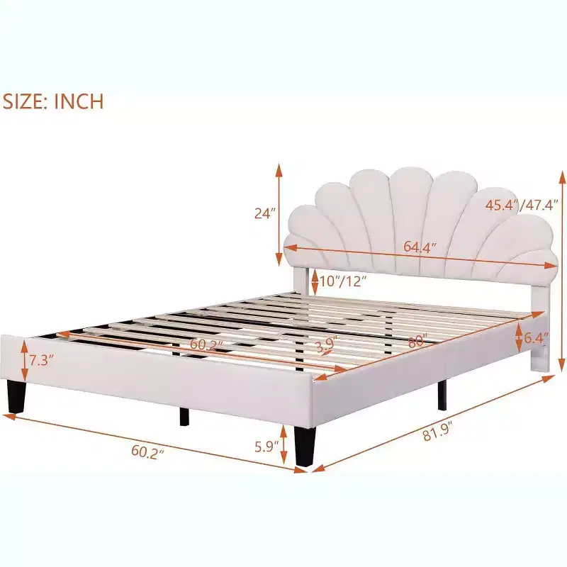 Acekool Queen Size Velvet Platform Bed with Floral Headboard, Upholstered Frame, Wood Slats Support, No Box Spring Needed, Pink