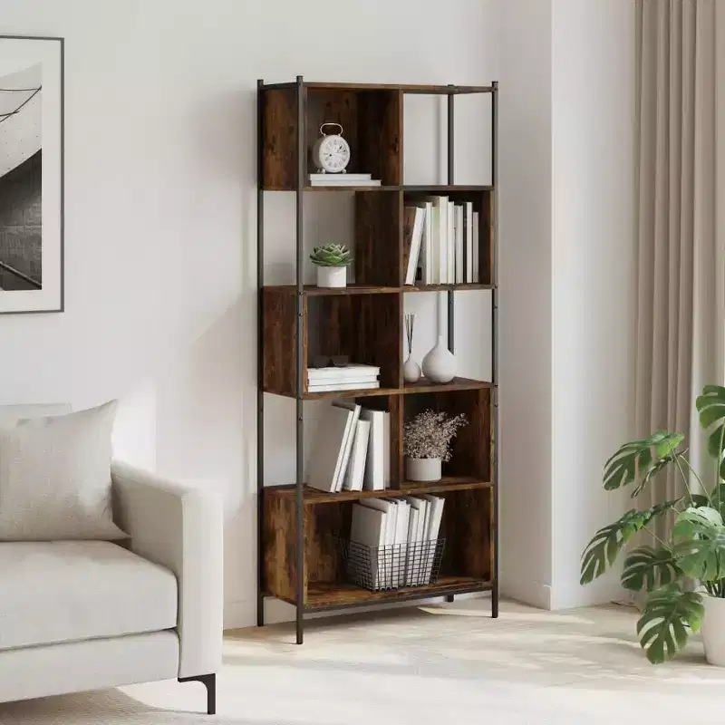 Smoked Oak Standing Bookcase with Steel Frame – 5 Shelves for Office & Living Room