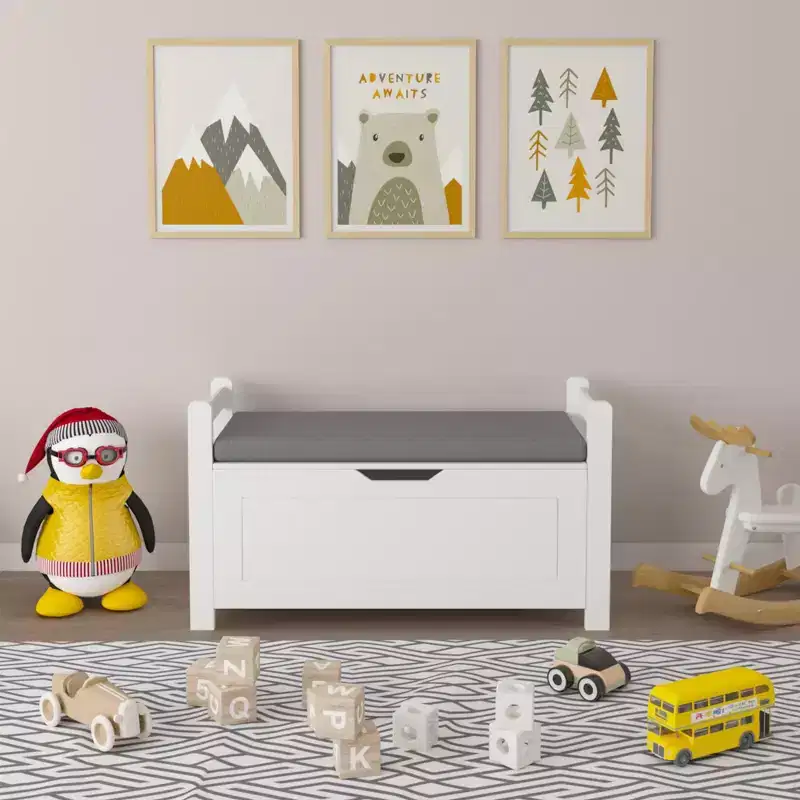 Kids Toy Box Chest, White Toy Box for Boys Girls, Large Storage Cabinet with Cushion Seat Bench/Flip-Top Lid/Safety Hinge
