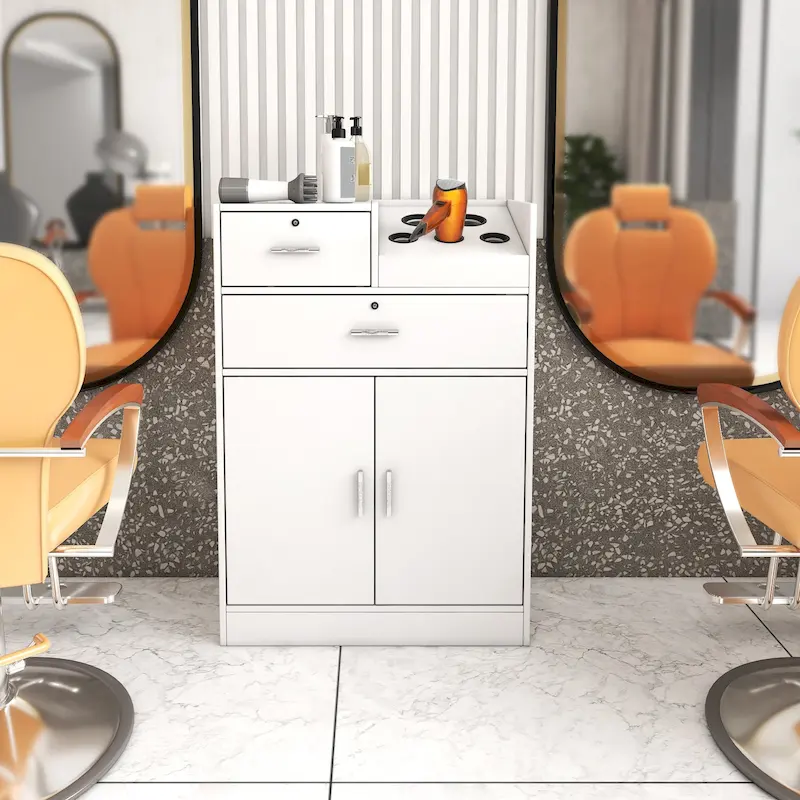 White Salon Storage Cabinet with Hair Dryer Holder – 2 Drawers & 1 Cabinet, Single Station