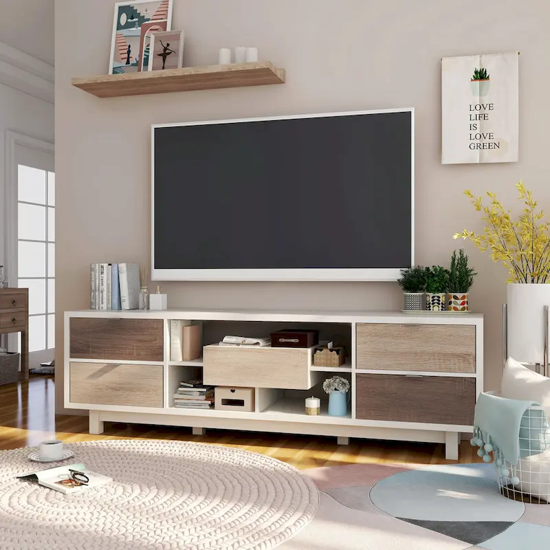Mid-Century Modern White 70-Inch TV Console with Storage