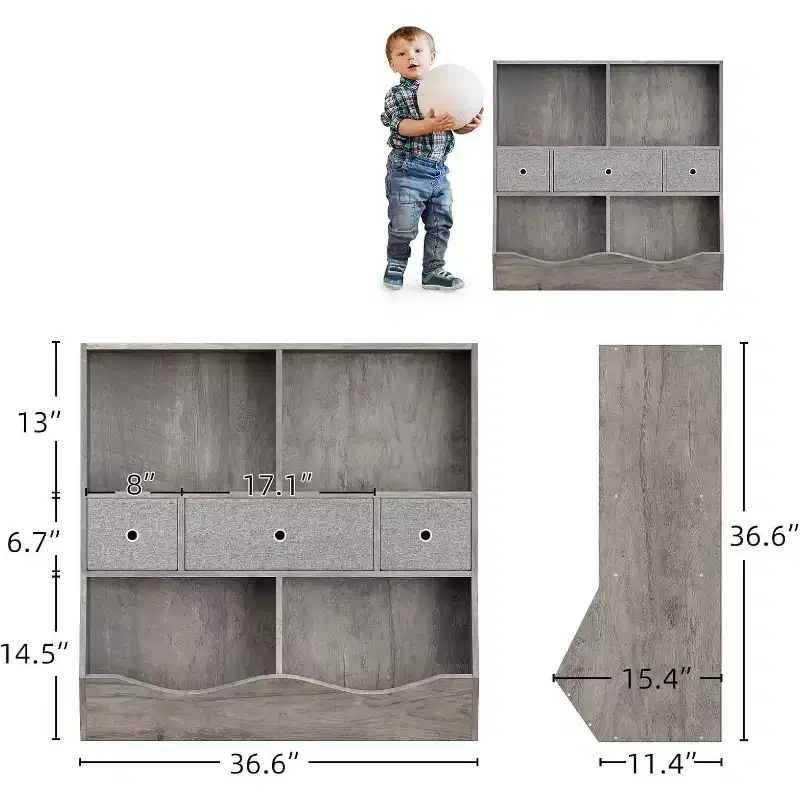 7-Cubby Kids Toy Storage Organizer with Drawers, 3-Tier Bookcase Cabinet for Playroom, Living Room, School, 2-Pack, Gray
