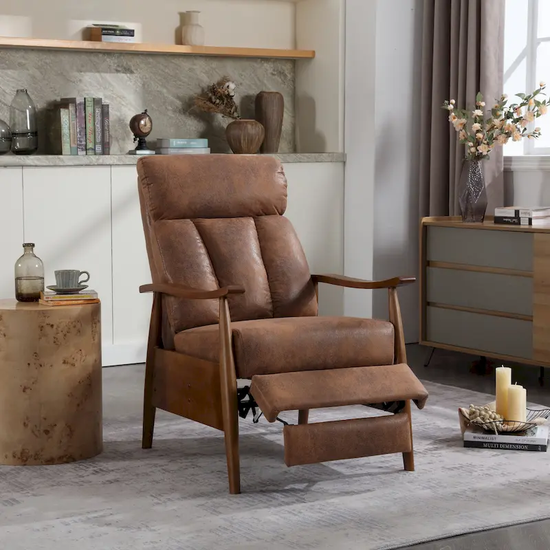 HOMEFUN Linen/Leather/Microsuede Upholstered Wood Frame Adjustable Recliner Lounge Armchair
