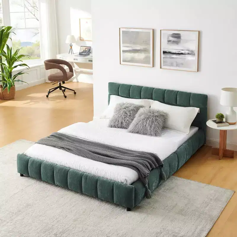 MAYEERTY Queen Size Upholstered Bed with Headboard Chenille Fabric Solid Bed Frame Drawer for Bedroom Blue Green