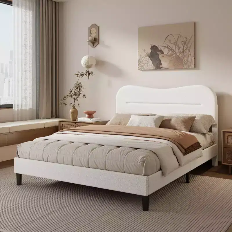 White Queen Size Upholstered Platform Bed Frame Teddy Boucle Soft Cloud Headboard Modern Marshmallow Design No Box Spring Needed Noise Free Support