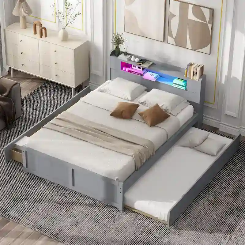 Queen Size Platform Bed with LED Lights & Trundle, Wood Storage Bed Frame with Headboard Shelf & 2 Drawers for Kids Teens Adults