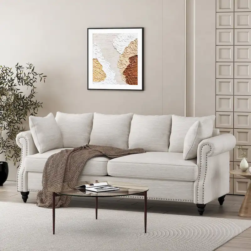 Manbow Fabric Pillowback 3 Seater Sofa with Nailhead Trim by Christopher Knight Home