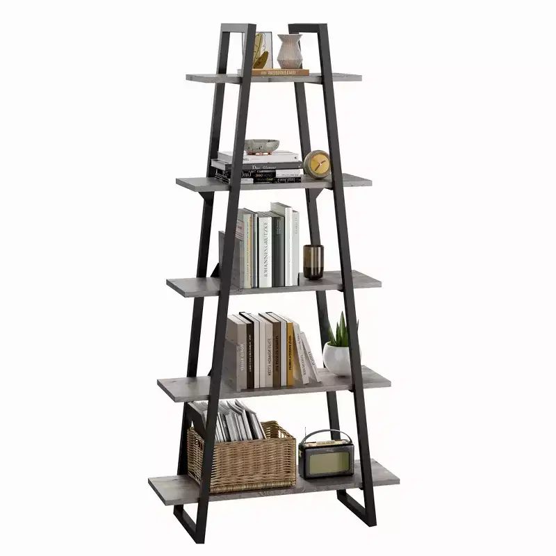 5 Tier Ladder Bookshelf, Retro Floor Standing Bookcase with Shelves, Tall Book Storage Rack for CDs Movies Books, Narrow Organizer Shelf for Bedroom