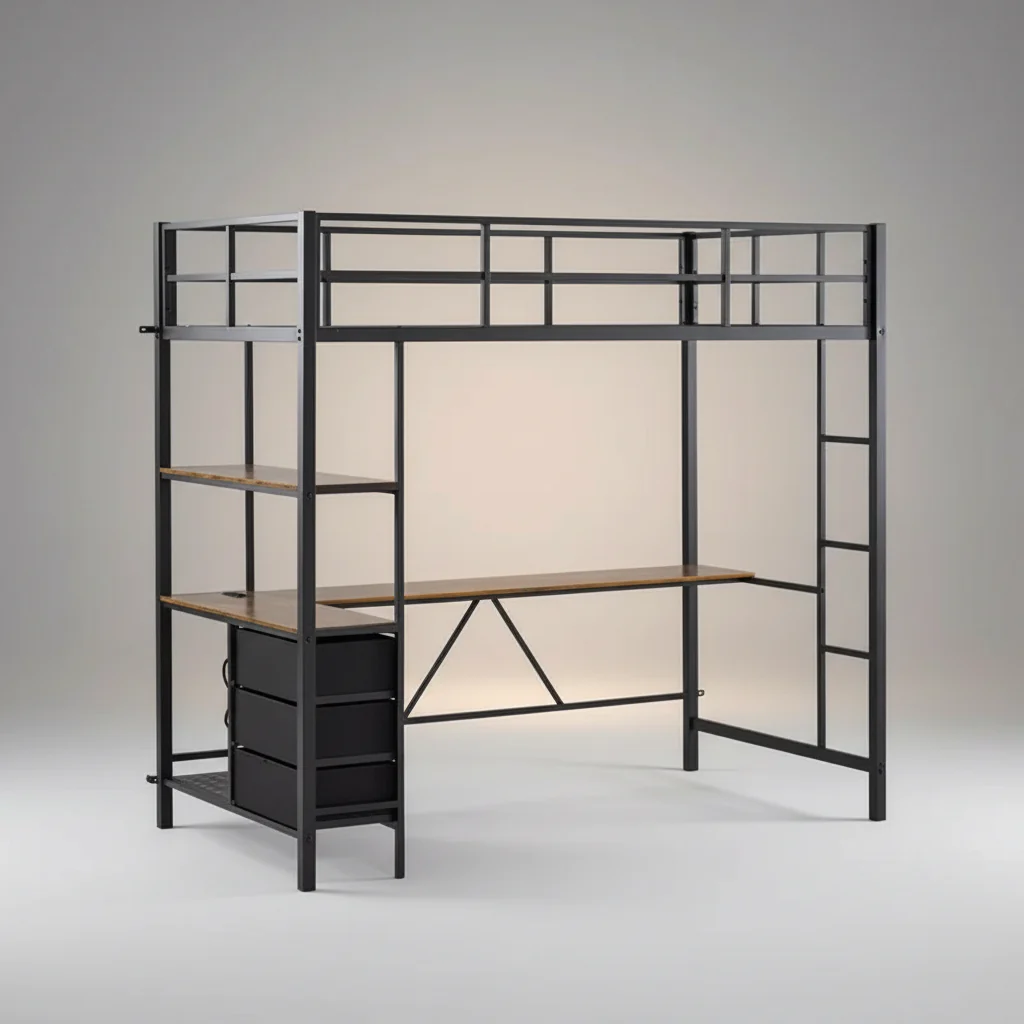 Black Twin Loft Bed with L-Shaped Desk for Kids & Teens – Metal Bunk Bed with 3 Storage Drawers