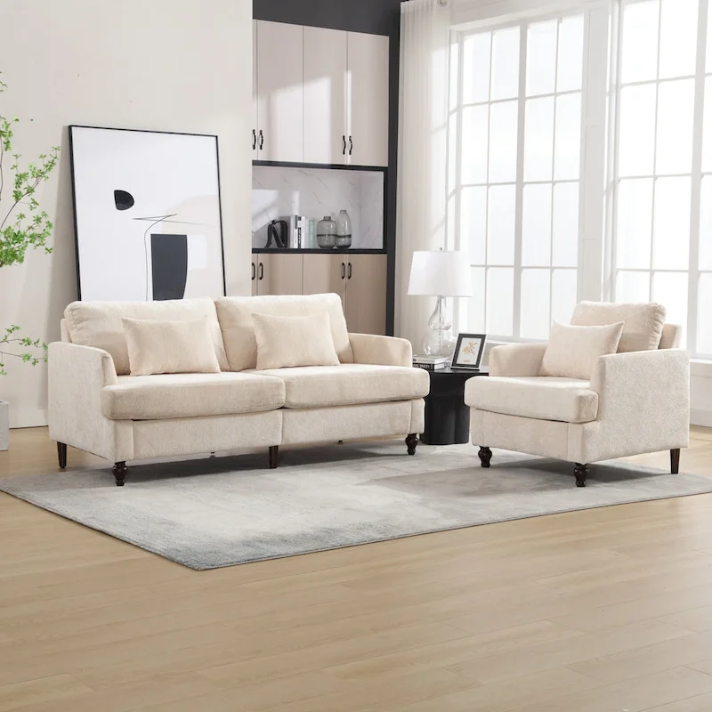 HOMEFUN Chenille Upholstered Wood Frame Loveseat with Armchair for Living Room