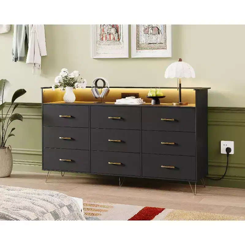 9 Drawer Wooden Dressers with LED Lights & Charging Station, Wood Chest of Drawers with App Control, Storage Cabinet for Living Room, Closet