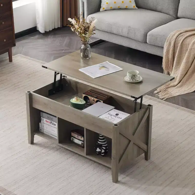 Gray Lift Top Coffee Table with Storage | Farmhouse Style | 1-Piece