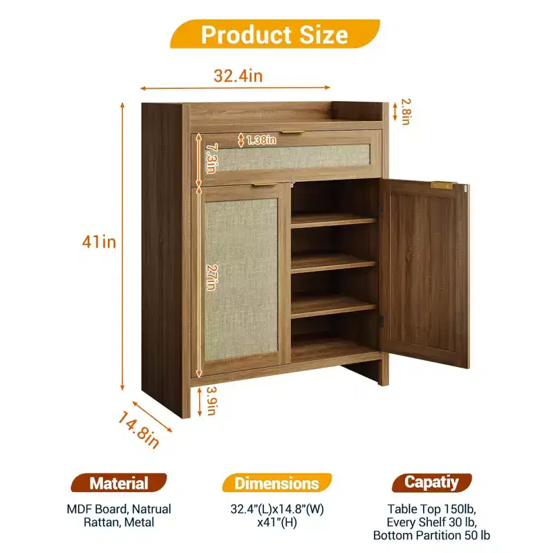 Shoe Cabinet, Wooden Storage Cabinet with Doors and Drawer, Rattan Buffet Sideboard with Adjustable Shelf