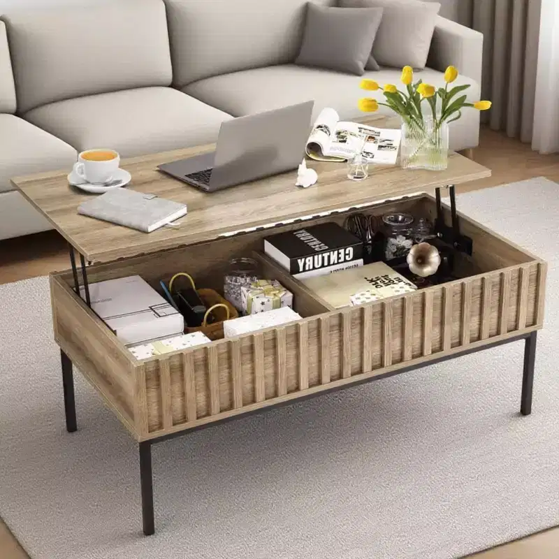 GustoWave Coffee Table with Lifting Top, Modern Fluted Wood Center Table for Living Room, Teak Color