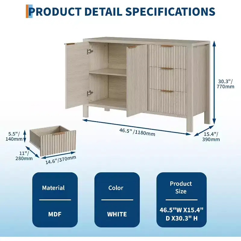 Oak / Oak Ash Fluted Sideboard Cabinet – 2 Doors & 3 Drawers