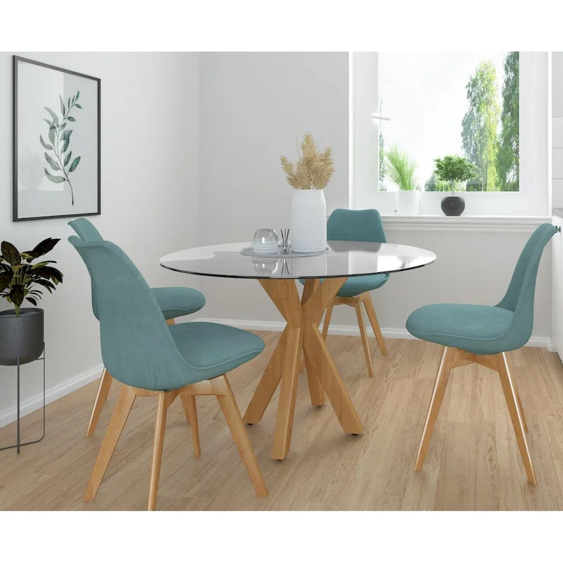 Square Glass Top Dining Table with Oak-Look Metal Legs – Seats 4, 1-Year Warranty
