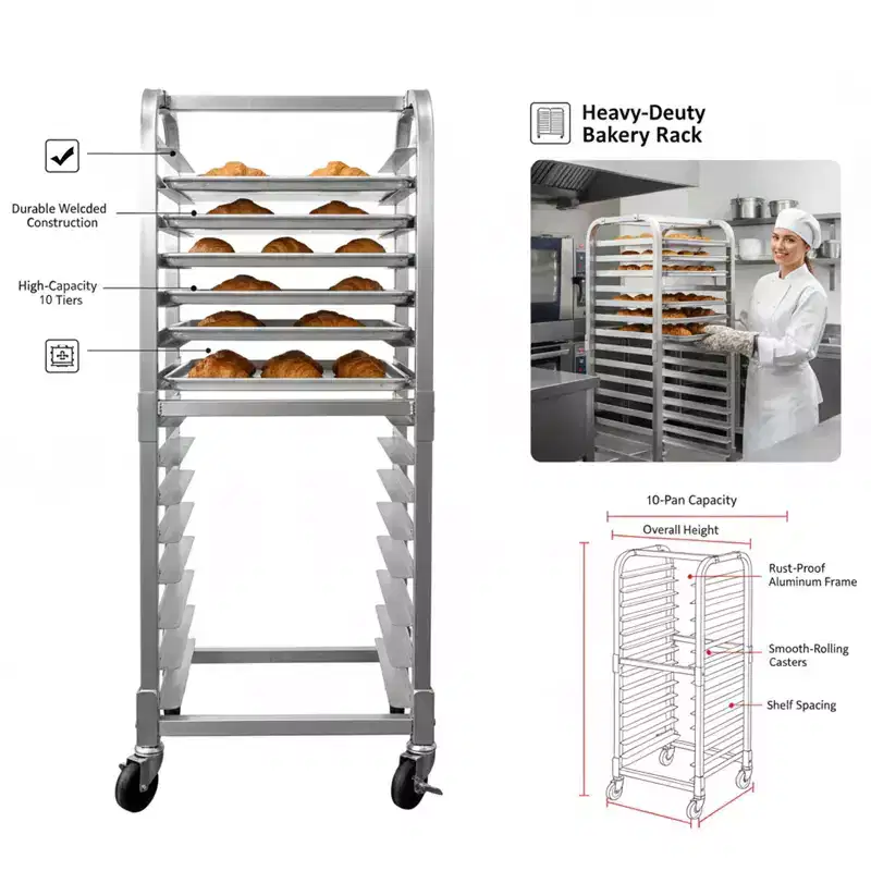 Aluminum Bun Pan Rack - Lockable Wheels Mobile Cooling Trolley - for Kitchen & Bakery