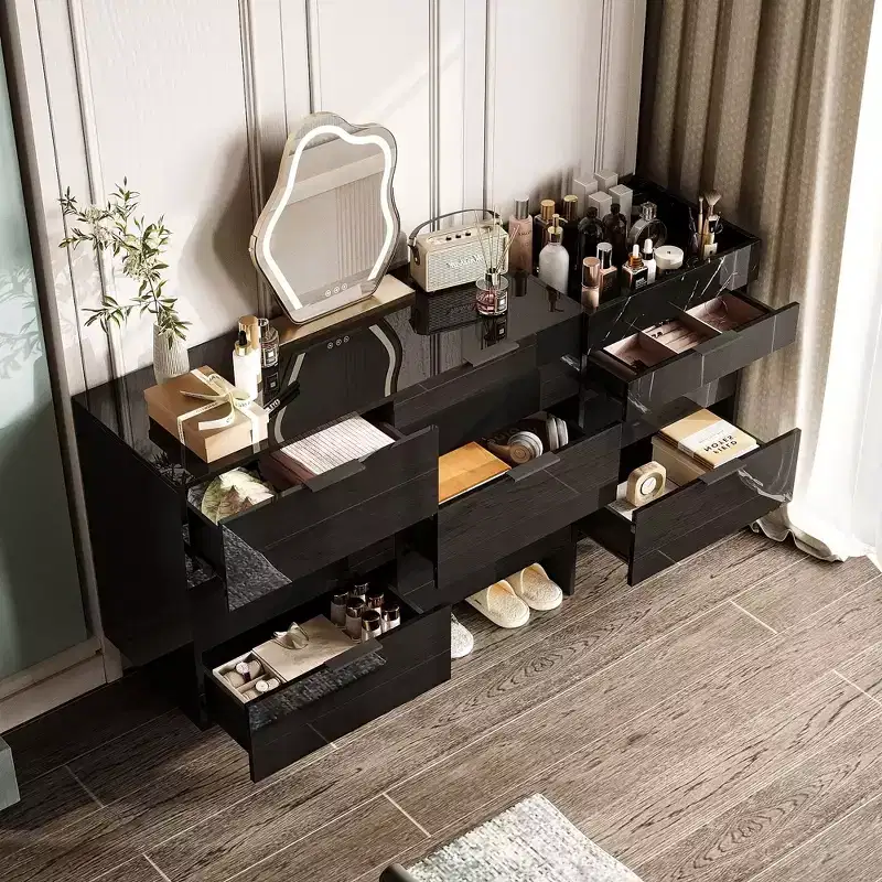 Famapy Gloss Dresser with Marble Accents 6 Drawers Storage Cabinet for Bedroom, Living Room, and Kitchen