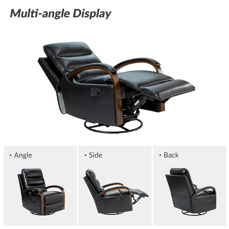 Leopold Modern Genuine Leather Swivel Rocking Manual Recliner Chair with Wooden Arm Accents by HULALA HOME