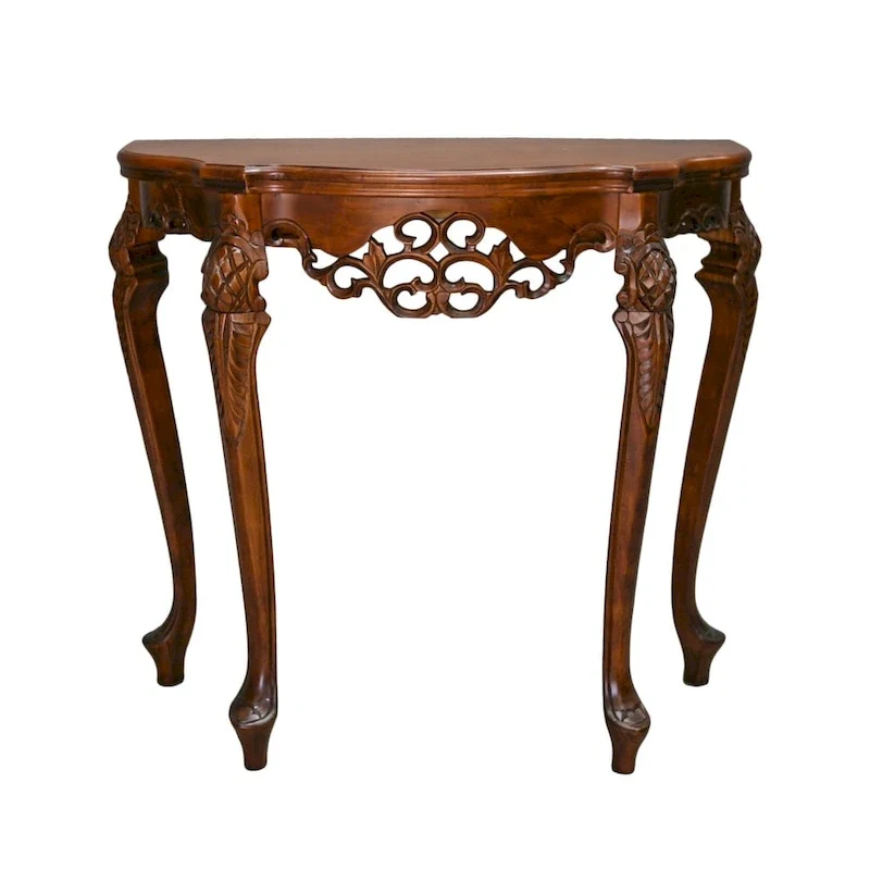 Carved Half-Moon Console Table, Hardwood Distressed Dual Walnut Stain, 1 Sliding Drawer, 30H x 32W in
