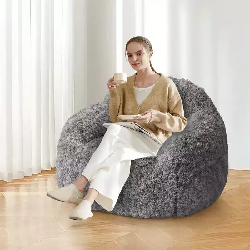 Adult Faux Fur Bean Bag Chair with Armrests - High-Density Foam Floor Sofa