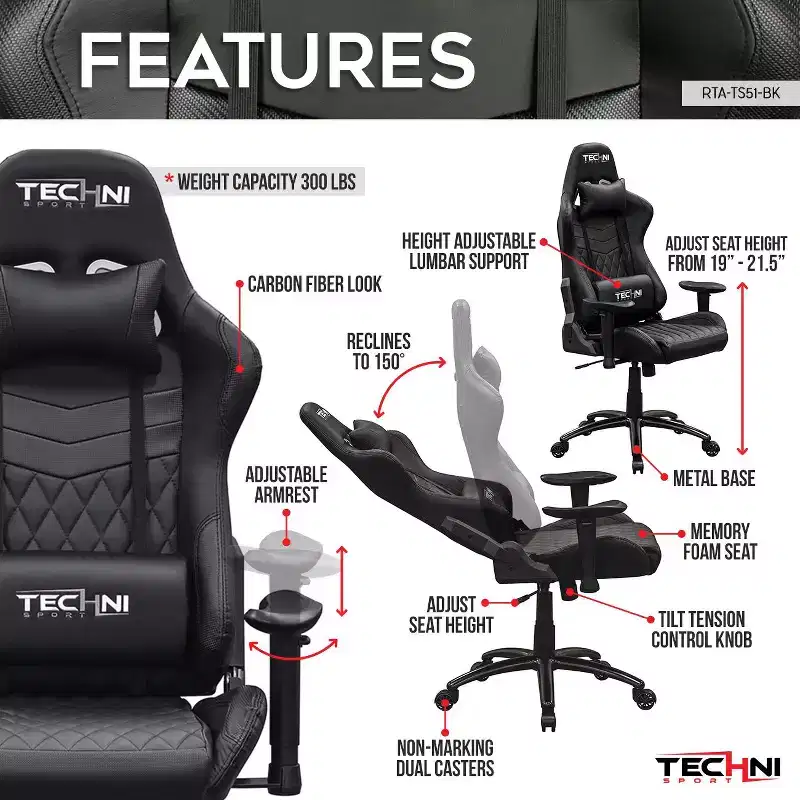 TUYOHW Adjustable Ergonomics Gaming Chair,360 Swivel Office Chairs with Head&Lumbar Pillow,90-150 Reclining Chair for Office&Home,300lbs Max,Black